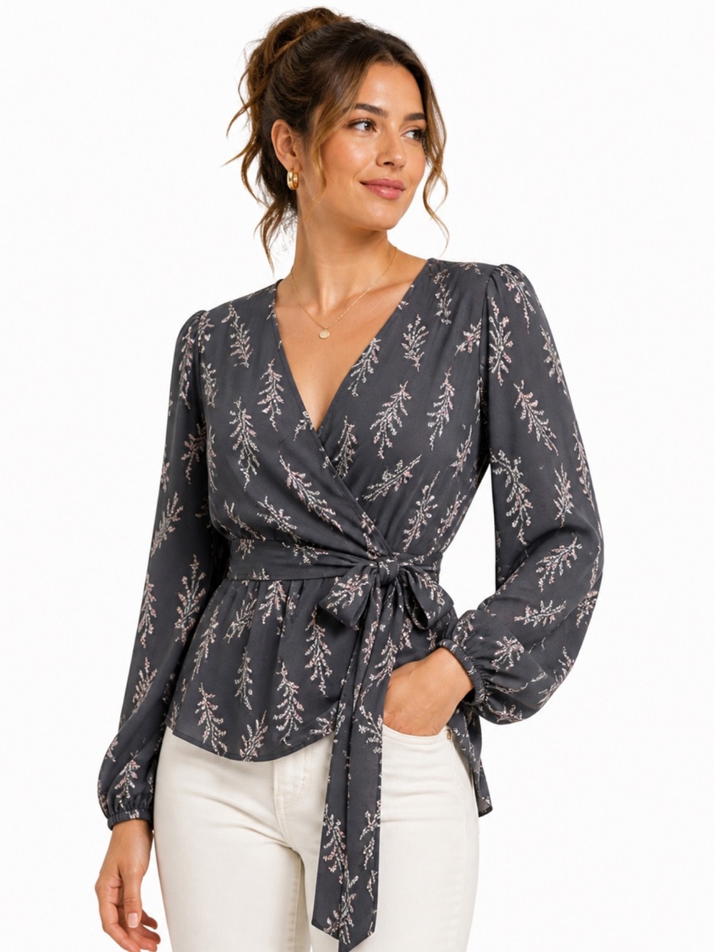 NWT LOFT Charcoal Floral Wrap Blouse Tie Waist Long Sleeve XS